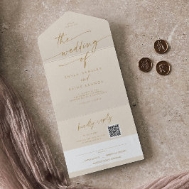 Bohoシックヴィンテージ金ゴールドQRコードメール結婚イン オールインワン招待状
