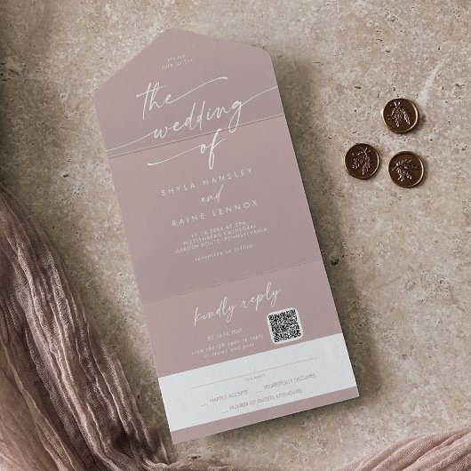 Bohoシック埃っぽいバラピンクQRコードメール結婚イン オールインワン招待状