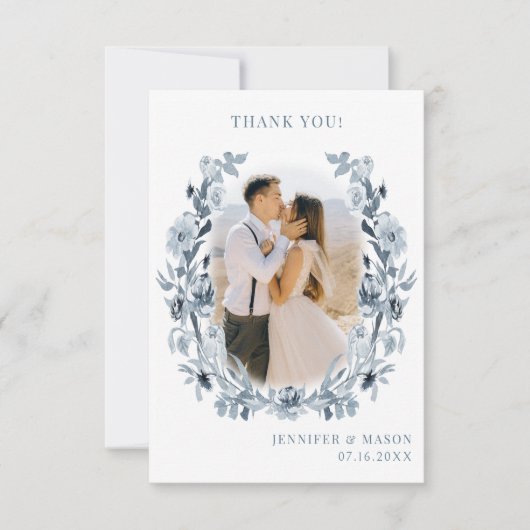 Bohoシック埃っぽいブルーグレー結婚フローラの写真 サンキューカード (正面)