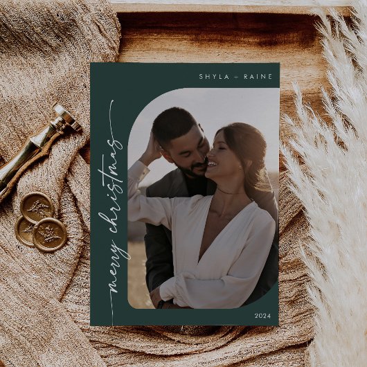 Bohoシック濃い緑の写真シンプルクリスマス シーズンカード