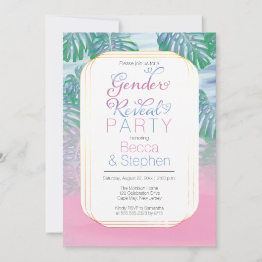 Bohoシック熱帯ビーチ水の色の性別の表示 招待状 (正面)