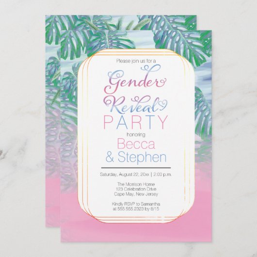 Bohoシック熱帯ビーチ水の色の性別の表示 招待状 (正面/裏面)