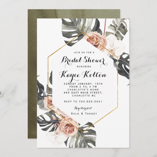 Bohoシック熱帯ブライダルシャワーインビテーション 招待状 (正面/裏面)