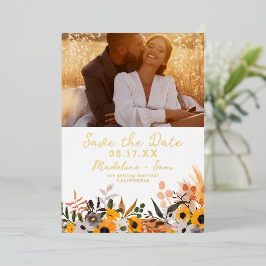 Bohoシック素朴なオレンジ色のヒマワリ結婚ス2枚 箔招待状 (立ち正面)