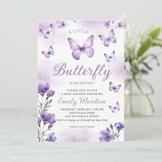 Bohoシック紫フローラバタフライガールベビーシャワー 招待状 (スタンド正面)
