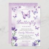 Bohoシック紫フローラバタフライガールベビーシャワー 招待状 (正面/裏面)