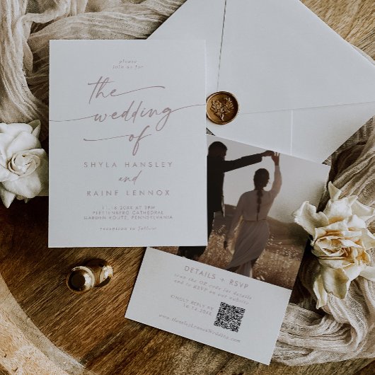 Bohoシック赤面ピンクフォトQRコード結婚ズ 招待状