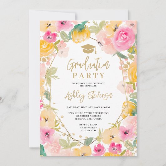 Bohoシック金ゴールドグリッターフローラ写真卒業 招待状 (正面)