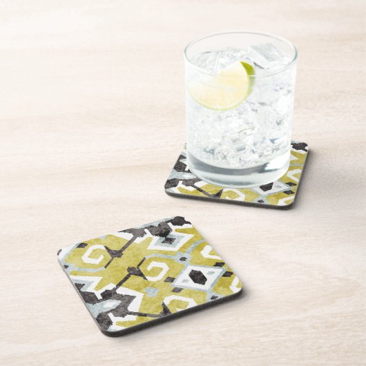 Bohoシック黄色イカットの部族模様モノグラム コースター (右側)