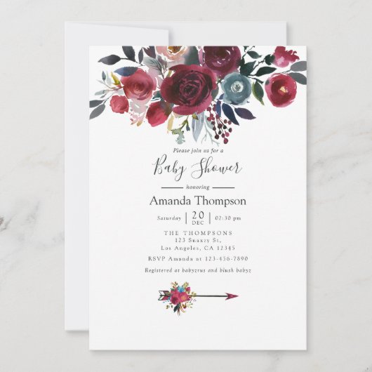 BohoシックBurgundyとネイビーフローラベビーシャワー 招待状 (正面)