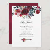 BohoシックBurgundyとネイビーフローラベビーシャワー 招待状 (正面/裏面)