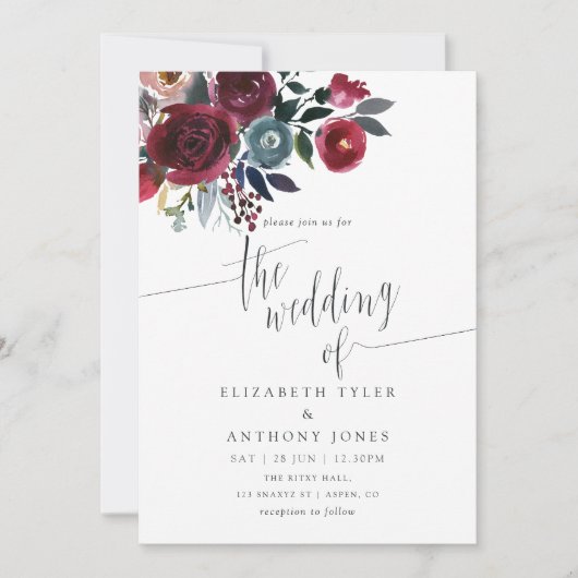 BohoシックBurgundyとネイビーフローラ結婚式の招待 招待状 (正面)