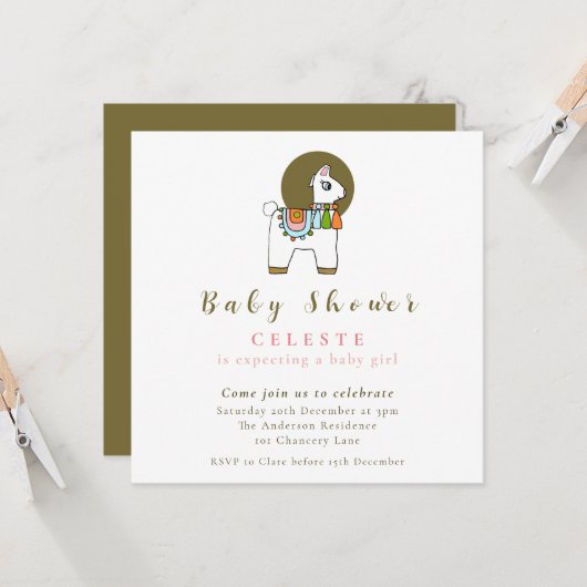 Bohoシックpinataラマ赤ちゃんシャワー招待カード カード (正面/裏面インサイチュ)