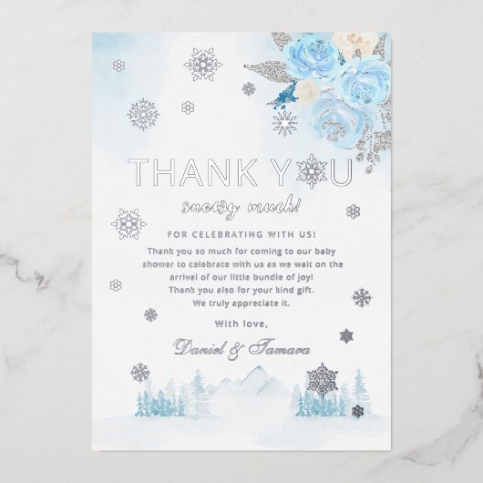 Bohoシルバー雪の結晶の冬の赤ちゃんシャワーありがとう 箔招待状 (正面)