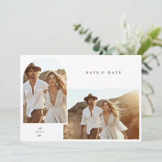 Bohoシンプルエレガント写真結婚式の日付を保存 招待状 (スタンド正面)