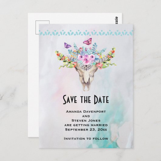 Bohoスカルとフローラブーケ日付を保存 ポストカード (正面/裏面)