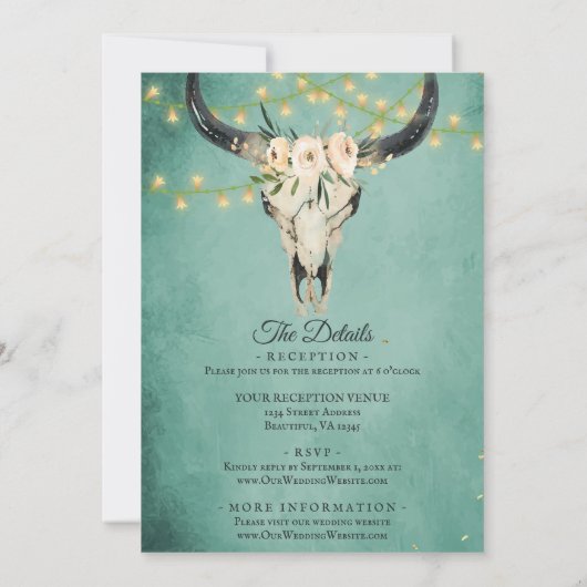 Bohoスカルとライトターコイズオールインワン結婚ズ 招待状 (裏面)