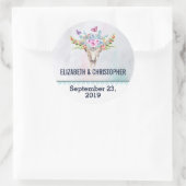 Bohoスカルと花模様結婚式の日付を保存 ラウンドシール (バッグ)