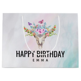 Bohoスカル蝶と花誕生日 ラージペーパーバッグ