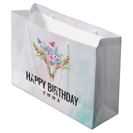 Bohoスカル蝶と花誕生日 ラージペーパーバッグ