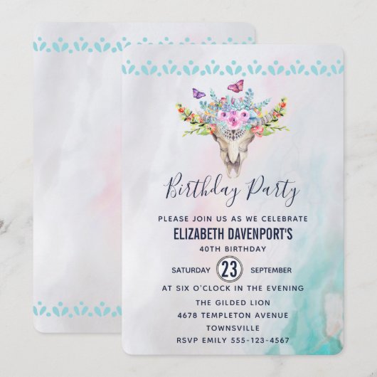 Bohoスカル蝶と花誕生日 招待状 (正面/裏面)