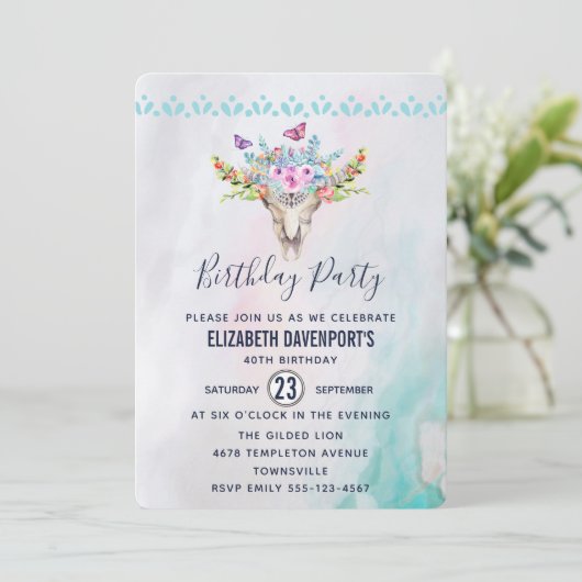 Bohoスカル蝶と花誕生日 招待状 (スタンド正面)