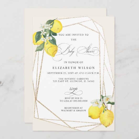 Bohoスクリプトレモンシトラス夏の赤ちゃんシャワー 招待状 (正面/裏面)