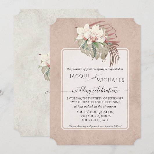 BOHOスタイルのフラッシュオーキッド花熱帯ジャングルの葉 招待状 (正面/裏面)