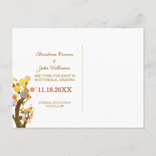 Bohoスタイルラブツリーズ結婚式の日付を保存 案内ポストカード (裏面)