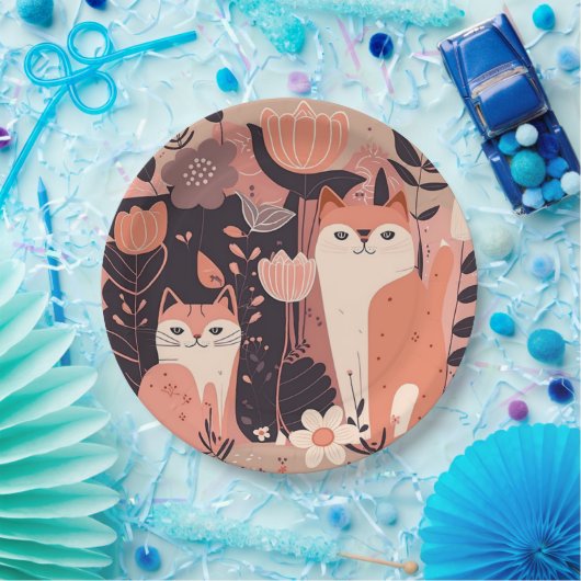 Bohoスタイル猫と花ピンクの誕生日パーティー ペーパープレート (パーティー)