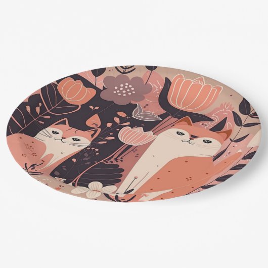 Bohoスタイル猫と花ピンクの誕生日パーティー ペーパープレート (アングル)