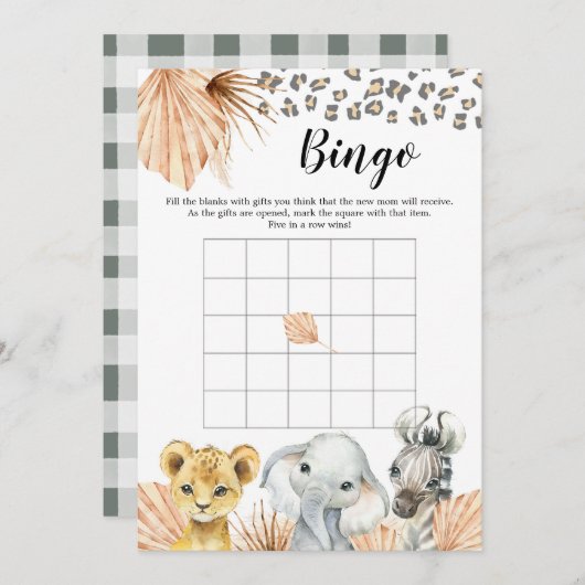 Bohoセージ緑のサファリOhボーイベビーシャワービンゴ 招待状 (正面/裏面)