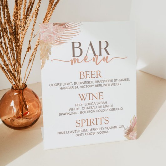 Bohoソフトピンクフローラ花バーメニュー 台座サイン