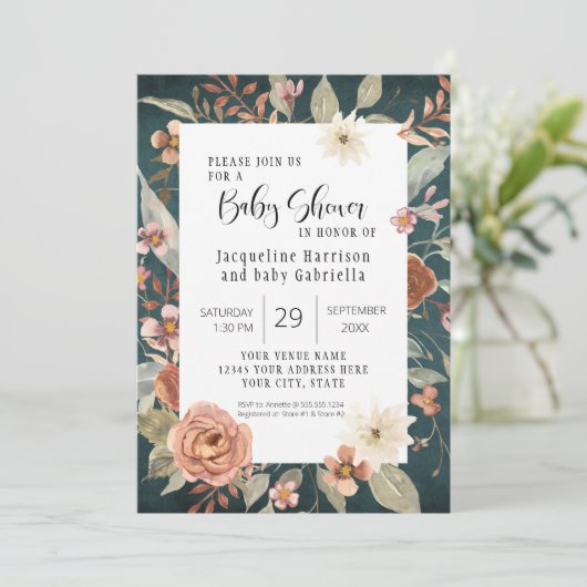 BOHOターコイズ秋秋フローラガールベビーシャワー 招待状 (スタンド正面)