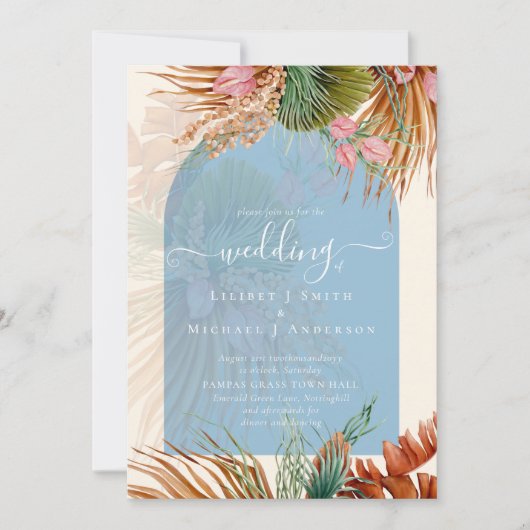 BOHOダスティブルートロピカルパンパスグラス結婚ズ 招待状 (正面)