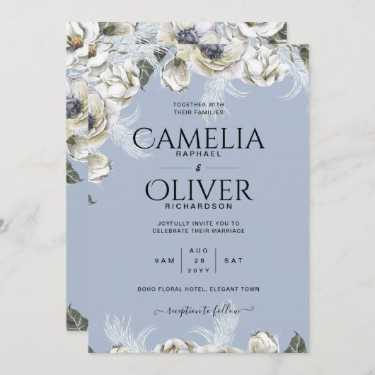 BOHOダスティブルーパンパ結婚スフローラ 招待状 (正面/裏面)