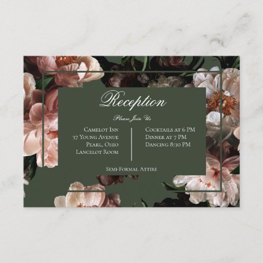 Bohoダーク牡丹の花ウェディングレセプション エンクロージャーカード (正面)
