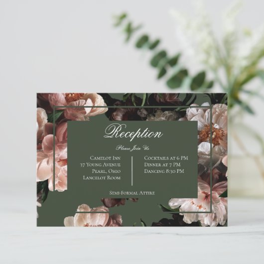 Bohoダーク牡丹の花ウェディングレセプション エンクロージャーカード (スタンド正面)