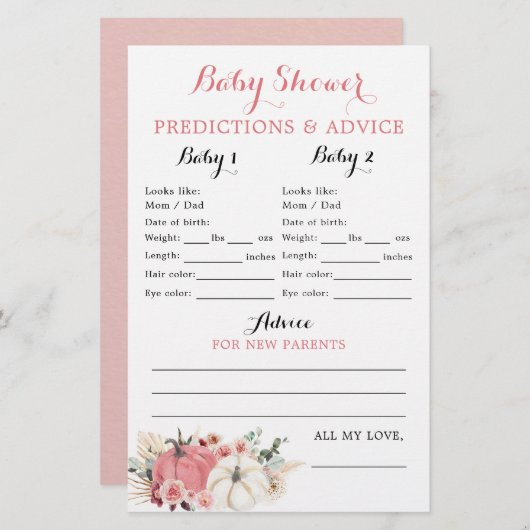 Bohoツインピンクと白かぼちゃの赤ちゃんシャワーカード (正面/裏面)