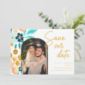 Bohoティール（緑がかった色）水彩花結婚写真 セーブザデート (スタンド正面)