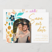 Bohoティール（緑がかった色）水彩花結婚写真 セーブザデート (正面/裏面)