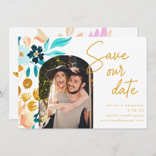 Bohoティール（緑がかった色）水彩花結婚写真 セーブザデート (正面/裏面)