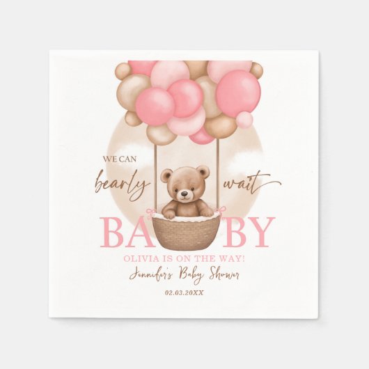 Bohoテディベアガールピンク真珠の待ち赤ちゃんシャワー スタンダードカクテルナプキン (正面)