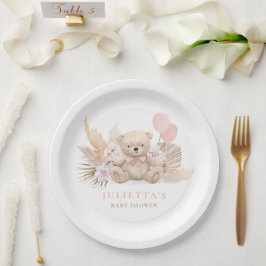 Bohoテディベアガールピンク真珠の待ち赤ちゃんシャワー ペーパープレート