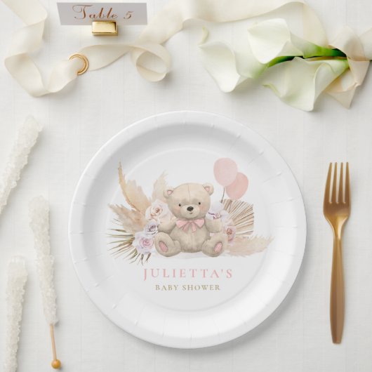 Bohoテディベアガールピンク真珠の待ち赤ちゃんシャワー ペーパープレート (ウェディング)