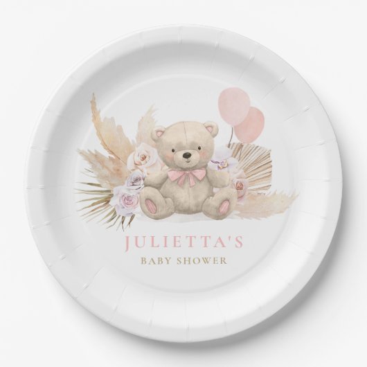 Bohoテディベアガールピンク真珠の待ち赤ちゃんシャワー ペーパープレート (正面)