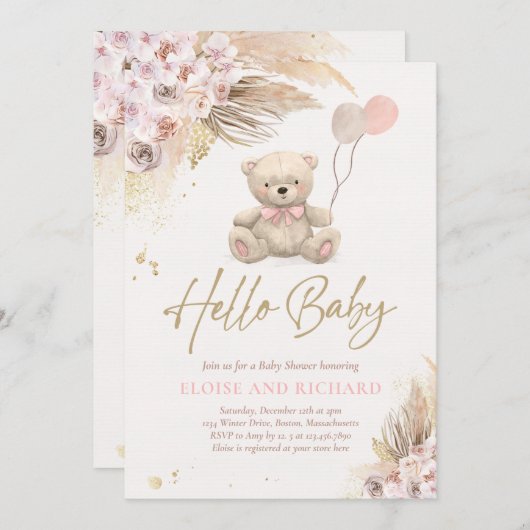 Bohoテディベアガールピンク真珠の待ち赤ちゃんシャワー 招待状 (正面/裏面)