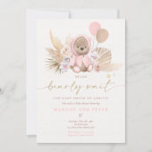 Bohoテディベアガールピンク真珠の待ち赤ちゃんシャワー 招待状 (正面)