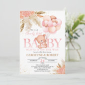 Bohoテディベアガールピンク真珠の待ち赤ちゃんシャワー 招待状 (スタンド正面)