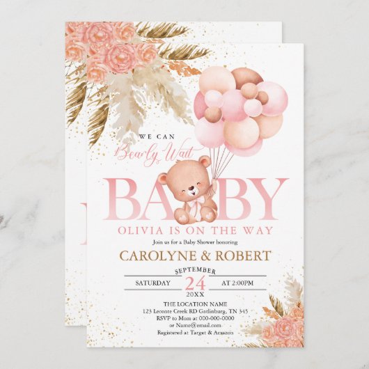 Bohoテディベアガールピンク真珠の待ち赤ちゃんシャワー 招待状 (正面/裏面)